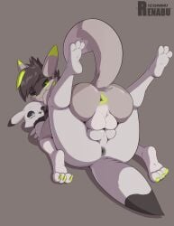 absurd_res acydamon anus ass balls bandai_namco butt_stack digimon digimon_(species) duo genitals hi_res male male/male raised_tail renabu renabu_(character) renamon tail touching_balls