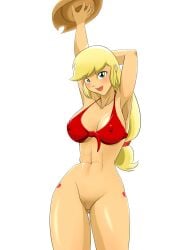 abs applejack_(eg) applejack_(mlp) bikini_top blonde_hair boobieboom bottomless bottomless_female breasts cowboy_hat equestria_girls erect_nipples erect_nipples_under_clothes freckles friendship_is_magic green_eyes my_little_pony my_little_pony_equestria_girls my_little_pony_friendship_is_magic pussy red_bikini red_bikini_top stetson transparent_background vulva