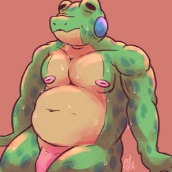 1:1 2021 amphibian anthro belly closed_eyes edtrash flaccid frog genitals green_body male moobs navel nipples overweight overweight_male penis sitting solo