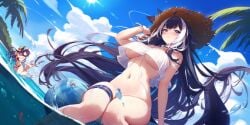 2024 2d 2d_(artwork) 3girls akuma_nihmune bangs bao_(vtuber) beach black_hair blue_sky blush breasts cloud day eyebrows_visible_through_hair hat large_breasts long_hair looking_at_viewer mitsu_art mole multicolored_hair multiple_girls navel nipples nude one_eye_closed outdoors palm_tree purple_hair shylily sky smile stomach straw_hat swimsuit the_bikini_bottoms thigh_strap tree very_long_hair water