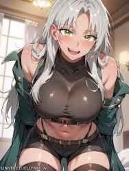 academy_genius_swordsman ai_generated bangs bare_shoulders belt big_breasts black_shorts blush breasts coat crop_top dark-skinned_female dark_skin female green_eyes grey_hair indoors jellyray_ai large_breasts leaning_forward long_hair looking_at_viewer midriff nabirose navel off_shoulder open_mouth parted_bangs short_shorts shorts smile solo webtoon