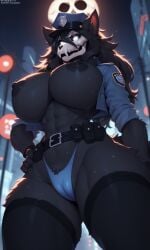 1furry 1girls ai_generated big_breasts breasts furry glowing_eyes large_breasts looking_at_viewer moon nipples no_bra police_hat police_uniform roger1011 thighhighs thighs thong wolf_ears wolf_humanoid