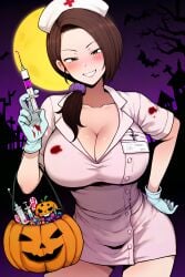 1girls ai_generated brown_eyes brown_hair costume halloween kokujin_no_tenkousei_ni_ane_o_ntr-ru light-skinned_female mori_kaede_(terasu_mc) nurse smile smiling suit syringe terasu_mc