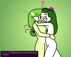 2girls ? blush confused dark_green_hair find_the_markers flower freckles frog_marker genderswap_(mtf) heart-shaped_pupils hugging light_green_hair lily_pad lily_pad_marker naked_female text_box white_body