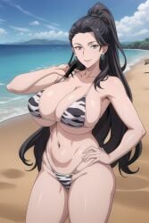 1girls ai_generated big_breasts bikini black_hair breasts executive_mishiro female female_focus female_only green_eyes huge_breasts large_breasts light-skinned_female looking_at_viewer mature_female milf ponytail