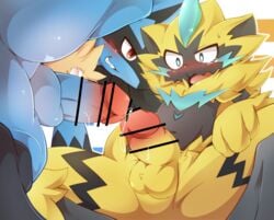 absurd_res anthro anthro_on_anthro balls black_body black_fur blue_body blue_fur blush bodily_fluids censored dripping duo erection fur genital_fluids genitals hi_res humanoid_genitalia humanoid_penis legendary_pokémon looking_at_another lucario male male/male male_only nintendo open_mouth penis pokemon pokemon_(species) precum precum_drip sex shaded spread_legs spreading sweat tears touching_tips tsukane_yoda video_games yellow_body yellow_fur zeraora