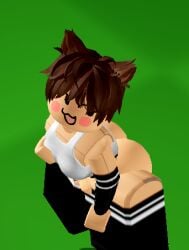 1girls 3d :3 ass_focus big_ass big_thighs black_socks blush_stickers bottom_heavy bottomless brown_hair bubble_butt cat_ears catgirl female female gameplay_screenshot grabbing_own_breast groping_breasts large_ass roblox robloxian short_hair silly silly_face simple_background smug smug_face socks topwear