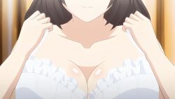 1girls 2d 2d_animation animated animated_gif areolae big_breasts black_hair bouncing_breasts bra breasts close-up collarbone cosplay_change:_pure-kei_joshidaisei_no_kiken_na_seiheki female female_only gif huge_breasts light-skinned_female light_skin nipples pale-skinned_female pale_skin smile undressing white_skin