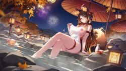 2024 absurd_res animal_ear_fluff animal_ears arm_support autumn_leaves bangs barefoot beach_umbrella big_breasts black_hair blush breasts eyebrows_visible_through_hair female hair_ornament hellhound holding_umbrella indie_virtual_youtuber lantern large_breasts long_hair looking_at_viewer maple_leaf mitsu_art mole night nipples nude oriental_umbrella outdoors parasol shibari sinder_(vtuber) sitting skindentation smile solo tail thigh_strap umbrella virtual_youtuber water wet wolf wolf_ears wolf_girl wolf_tail yellow_eyes