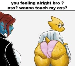 alphys big_ass big_breasts big_butt boobs?_wanna_touch_boobs? deltarune eyepatch fat_ass freckles freckles_on_ass glasses inviting inviting_to_sex lab_coat labcoat large_ass large_breasts meme panties pink_panties redmanart showing_breasts showing_panties sweaty sweaty_body sweaty_breasts sweaty_butt text text_box undertale undyne undyne_(deltarune) wet wet_body wet_clothes wet_clothing wet_shirt