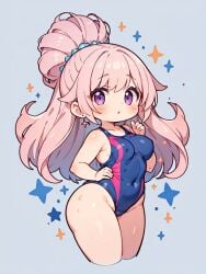 anime_style chibi cute female girl long_hair pink_hair purple_eyes swimsuit