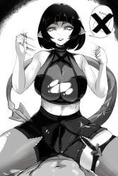 1girls black_and_white black_hair carmach101 condom condom_rejection condom_wrapper cowgirl_position female femdom girl_on_top jane_doe_(zenless_zone_zero) kemonomimi rat_ears rat_girl rat_tail ripped_clothing ripped_stockings short_hair zenless_zone_zero zzz