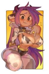 1girls big_breasts big_butt blue_eyes cleavage cow_print dark-skinned_female dark_skin embarrassed female flustered huge_breasts purple_hair shantae shantae_(character) slight_blush solo solo_female wamudraws wayforward