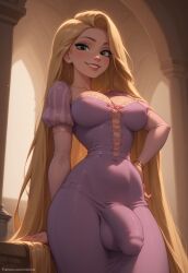 1futa 1futanari ai_generated blonde_female blonde_hair breasts dickgirl disney disney_princess dress futanari green_eyes grin grinning huge_cock indoors penis princess purple_clothing rapunzel seductive seductive_pose smile smiling_at_viewer solo solo_futa testicles velonix viewed_from_below