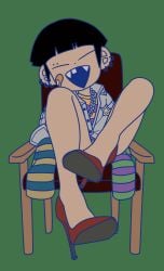 background black_hair chair closed_eyes dew_(underfity) edit fangs heels high_heels legs open_mouth piercing sitting underfity