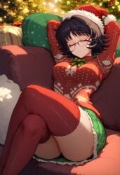 1girls arms_up black_hair bow christmas christmas_clothing christmas_headwear christmas_outfit christmas_tree closed_eyes female glasses hands_behind_head hunter_x_hunter indoors legs_crossed shizuku_murasaki sitting skirt sleeping solo sweat thick_thighs thighhighs