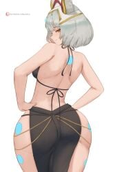 animal_ears ass black_dress blush cat_ears dress female from_behind gilf glowing_markings grey_hair hand_on_own_hip highres looking_at_viewer looking_back milf nia_(xenoblade) plump plump_ass plump_thighs queen short_hair simple_background smile solo standing thick_ass thick_hips thick_legs thick_thighs white_background xenoblade_chronicles_(series) xenoblade_chronicles_2 xenoblade_chronicles_3 yellow_eyes zelc-face