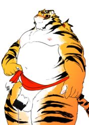 2018 absurd_res anthro asian_clothing balls belly blush bodily_fluids censored clothing east_asian_clothing felid flaccid fundoshi fur genital_fluids genitals hi_res higemorigen humanoid_genitalia humanoid_hands humanoid_penis japanese_clothing kemono male mammal moobs navel nipples overweight overweight_male pantherine penis precum red_clothing red_fundoshi red_underwear simple_background solo tiger underwear white_background white_body white_fur yellow_body yellow_fur