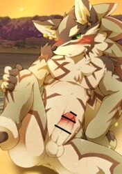 1boy absurd_res anthro anus balls blush canid canine canis censored ear_piercing ear_ring erection fur genitals hi_res humanoid_genitalia humanoid_penis jackal kemono lifewonders male male_only mammal nude penis piercing presenting presenting_penis seth_(tokyo_afterschool_summoners) solo spread_legs spreading tokyo_afterschool_summoners tsukane_yoda video_games