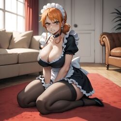 ai_generated angry big_breasts black_stockings brown_eyes carpet cleavage collar eogard_orc living_room looking_at_viewer maid maid_headdress maid_uniform nami on_knees one_piece orange_hair self_upload stable_diffusion