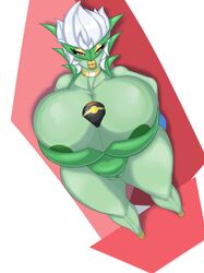 absurd_res angrypotato96 areola between_breasts big_breasts breasts cleavage clothed clothing female genitals green_body hair hi_res huge_breasts nintendo pokémon_(species) pokemon pussy pussy_floss roserade solo video_games white_hair