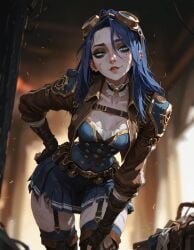 1girl ai_generated arcane arcane_caitlyn artist_name belt blue_eyes blue_hair blue_skirt blurry blurry_background breasts brown_gloves brown_jacket caitlyn_(league_of_legends) caitlyn_kiramman choker cleavage collarbone fingerless_gloves fresk0n gloves goggles goggles_on_head hand_on_own_hip jacket league_of_legends leaning_forward long_hair looking_at_viewer medium_breasts open_jacket parted_lips piercing pleated_skirt riot_games scar skirt smile solo teeth thighhighs torn_clothes