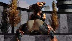 3d_(artwork) absurd_res adm alien anthro anus armor ass avian digital_media_(artwork) feather_hair feathers female genitals halo_(series) hi_res kig-yar looking_back microsoft nude presenting presenting_hindquarters pseudo_hair pussy scalie solo t'vaoan xbox_game_studios