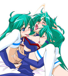 1boy 2girls ahe_gao anus armwear ass blue_eyes cum cumming elf elf_female eyebrows_visible_through_hair female femboy femboy_on_female femboysub femdom finger_in_ass handjob legwear licking_nipples long_hair male male/female malesub mira_misciano nipples open_mouth tongue tongue_out