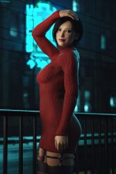 1futa 3d 3d_(artwork) 3d_model 3d_render 3dcg 3dx ada_wong ada_wong_(adriana) black_hair dress futa_only futanari looking_at_viewer makeup nail_polish red_lipstick short_hair skykliker smile smiling smiling_at_viewer solo solo_focus solo_futa stockings veiny_penis