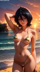 ai_generated beach big_breasts bikini bikini_bottom bikini_top black_hair bleach bleach:_the_thousand-year_blood_war fit hair_between_eyes kuchiki_rukia large_breasts light-skin light-skinned_female medium_breasts medium_hair nero100 outdoors outside pale-skin pale-skinned_female perky_breasts sexy short_hair skinny skinny_girl sunset teenage_girl teenager young