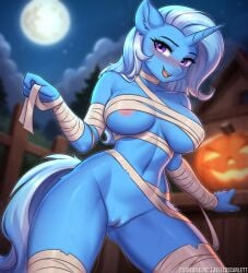 2024 anthro areola bandage biped blue_body blurred_background blush breasts digital_media_(artwork) equid equine eyebrows eyelashes female friendship_is_magic full_moon genitals hair halloween hasbro hi_res holidays horn jack-o&#039;-lantern looking_at_viewer mammal moon my_little_pony mythological_creature mythological_equine mythology navel open_mouth outside purple_eyes pussy solo text trixie_(mlp) twistedscarlett60 unicorn url