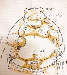 2017 anthro balls belly bottomwear closed_eyes clothing flaccid genitals hi_res humanoid_genitalia humanoid_hands humanoid_penis japanese_text kemono male mammal moobs morbidly_obese navel nipples obese obese_male overweight overweight_male pants penis pubes solo suishou0602 text ursid