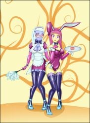 2girl 2girls alternate_costume bow bow_tie bowtie breasts bunny_costume bunny_ears bunny_girl bunny_suit bunnysuit cleavage cuffs empty_eyes equestria_girls feather_duster female female_focus female_only femsub friendship_is_magic fully_clothed glass glasses hasbro high_heels hypnosis latex latex_clothing latex_stockings latex_thighhighs leotard long_hair maid maid_headdress maid_outfit maid_uniform mind_control my_little_pony open_mouth pink_eyes pink_hair revealing_clothes rosvo shiny_clothes sour_sweet sour_sweet_(eg) standing stockings sugarcoat thigh_boots thighhighs tied_hair tight_clothing tray twintails white_hair