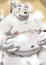 2024 anthro bear belly big_belly black_nose blush censored hi_res kemono male male_only mammal maron2475 moobs navel nipples overweight overweight_male polar_bear shirane_kan sitting solo solo_male steam ursine utau white_body