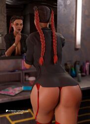 3d apex_legends ass bubble_butt cleavage female female_focus female_only garter_straps loba loba_(apex_legends) long_hair mirror shirt sleeves_rolled_up srpoolstrange stockings tagme thong twin_braids