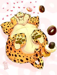 2016 anthro anus anus_only ass belly benjamin_clawhauser blush cheetah closed_eyes dessert disney doughnut featureless_crotch felid feline food heart hi_res kemono lying male mammal overweight overweight_male solo totemoii_029 zootopia