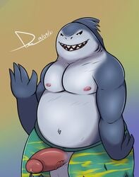 animal_genitalia animal_penis anthro balls bottomwear chubby_male clothing dc_comics deancrazz feral fish genitals hi_res king_shark male male/male marine morbidly_obese obese obese_male overweight overweight_male penis shark shorts smile solo