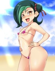 abdomen beach_background bikini green_hair hajime_shindo happy kotori_mizuki micro_bikini navel open_mouth ribbon ribbon_in_hair short_hair small_breasts smile summer teenager thighs tori_meadows yellow_eyes yu-gi-oh! yu-gi-oh!_zexal,