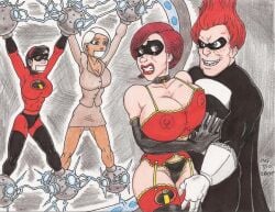 1boy 3girls alternate_breast_size big_breasts black_hair bodysuit bondage bound bound_ankles bound_arms bound_hands bra breasts breasts_bigger_than_head brown_hair collar crash2014 disney elastigirl female garter_belt helen_parr huge_breasts large_breasts male male_villain mask milf mirage_(the_incredibles) mother_and_daughter multiple_girls office_clothing orange_hair panties pixar restrained restrained_arms restraints syndrome tagme tape_gag the_incredibles underwear violet_parr white_hair