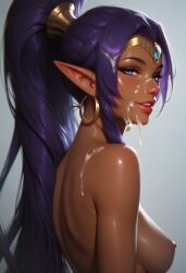 1girls ai_generated blue_eyes circlet dark-skinned_female dark_skin female_only genie long_hair pointy_ears ponytail purple_hair shantae shantae_(character) shiny_hair shiny_skin smile solo tagme tiara