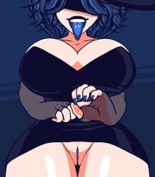 big_breasts blue_hair blue_pussy blue_tongue cattzz cordelia_valentine cryptiacurves dead_estate eyeless_female eyes_in_shadow hand_gesture sex_gesture tongue tongue_out witch_hat