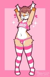 absurd_res ande_(hima_nsfw) anthro blep brown_hair bulge canid canine closed_eyes clothing crop_top felid feline femboy fox fur hair hands_above_head happy heart_symbol hi_res hima_nsfw hybrid legwear lynx male mammal orange_body orange_fur panties pattern_clothing pink_clothing sassy shirt skindentation solo sparkles stretching striped_clothing stripes tan_body tan_fur thigh_highs tongue tongue_out topwear underwear white_body white_fur