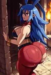 1female 1girls ai_generated belt big_ass blue_hair bra bracelet bubble_ass bubble_butt disgaea hand_on_wall laharl-chan long_hair lustylewdz pants red_eyes ripped_pants scarf solo spiked_hair standing thick_ass