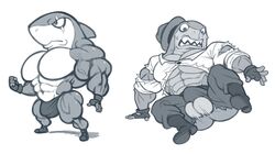 abs analon_(artist) anthro balls biceps boots clothing fish footwear genitals gloves handwear hat headgear headwear indy_jaws male male_only marine monochrome muscular muscular_anthro muscular_male pecs scar shark solo teeth toomanyboners torn_clothing underwear vein video_games yo-kai_watch