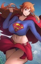 1girls 2d 2d_(artwork) big_breasts breasts clothed clothed_female dc dc_comics exposed_midriff female female_focus female_only foonie_xd front_view ginger ginger_hair light-skinned_male light_skin midriff nami nami_(one_piece) one_piece orange_hair orange_hair_female skirt solo solo_female solo_focus supergirl supergirl_(cosplay)