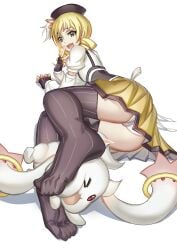 1girls ass blonde_hair butt feet feet_on_face feet_together flat_chest flexible_toes full_body fully_clothed highres kyuubee legs lying magia_record:_mahou_shoujo_madoka_magica_gaiden magical_girl mahou_shoujo_madoka_magica panties pantyshot pleated_skirt puella_magi_madoka_magica revenge rubbing shoes_removed short_hair simple_background skirt skirt_up soles_of_feet_in_socks stockings streamingsun thighhighs thighs toes tomoe_mami underwear