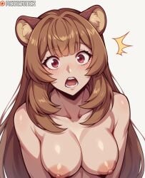 ai_generated animal_ear_fluff animal_ears bangs blush breasts brown_hair collarbone completely_nude female large_breasts long_hair looking_at_viewer medium_breasts megasonek nipples nude open_mouth patreon_username raccoon_ears raccoon_girl raphtalia red_eyes simple_background solo tate_no_yuusha_no_nariagari teeth the_rising_of_the_shield_hero uncensored upper_body watermark white_background