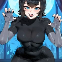 ai_generated black_dress black_hair black_lips black_nails black_pantyhose black_shirt blue_eyes claw_pose creamy_ai curvy goth_girl hotel_transylvania mavis_dracula medium_breasts narrow_waist wide_hips