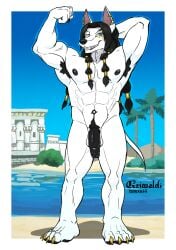 2023 4_toes 5_fingers abs anthro anubian_jackal areku_al-khemi armpit_hair artist_name balls beach bedroom_eyes biceps black_hair black_lios black_nipples black_nose black_pawpads black_penis blue_eyes body_hair border broad_shoulders building canid canine canis claws day digital_media_(artwork) ear_piercing ear_ring eye_markings feet finger_claws fingers fist flaccid flexing flexing_bicep fur genitals gold_claws gold_ear_ring gold_markings greenery grimsvault hair hand_behind_head humanoid_genitalia humanoid_penis jackal long_hair looking_at_viewer male mammal markings multiple_earrings muscular muscular_anthro muscular_male narrowed_eyes navel nipples nude outside palm_tree pawpads pecs penis piercing plant plantigrade pose pubes ring_piercing river roman_numeral sand seductive serratus shaded shadow shrub signature simple_shading sky smike smile solo standing tail teeth text tied_hair toe_claws toes toothy_smile tree triceps water white_body white_border white_fur