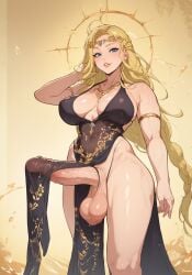 ai_generated ass bedroom big_breasts blonde_hair curvy elden_ring erect_penis eteeming futa_only futanari halo leotard massive_cock oiled oiled_skin oiled_up outside penis_through_leghole queen_marika_the_eternal single_braid smile sweat voluptuous